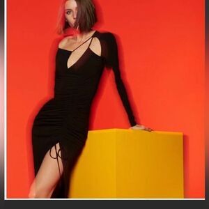 Galita black long sleeve front neckline midi dress